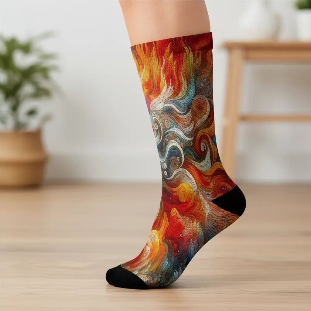 Colorful abstract-patterned sock on a blurred indoor background - Fiery soul empowerment socks gift for women by Zeblismapo