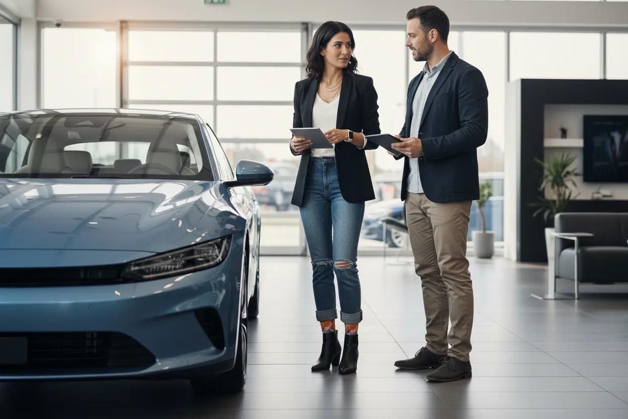 Woman buying a car and wearing her fiery soul socks