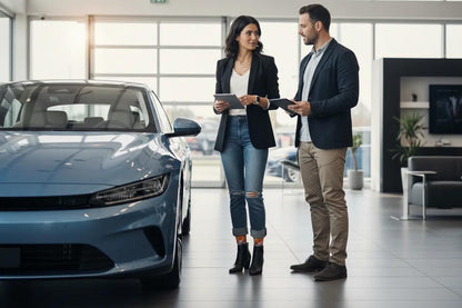 Woman buying a car and wearing her fiery soul socks