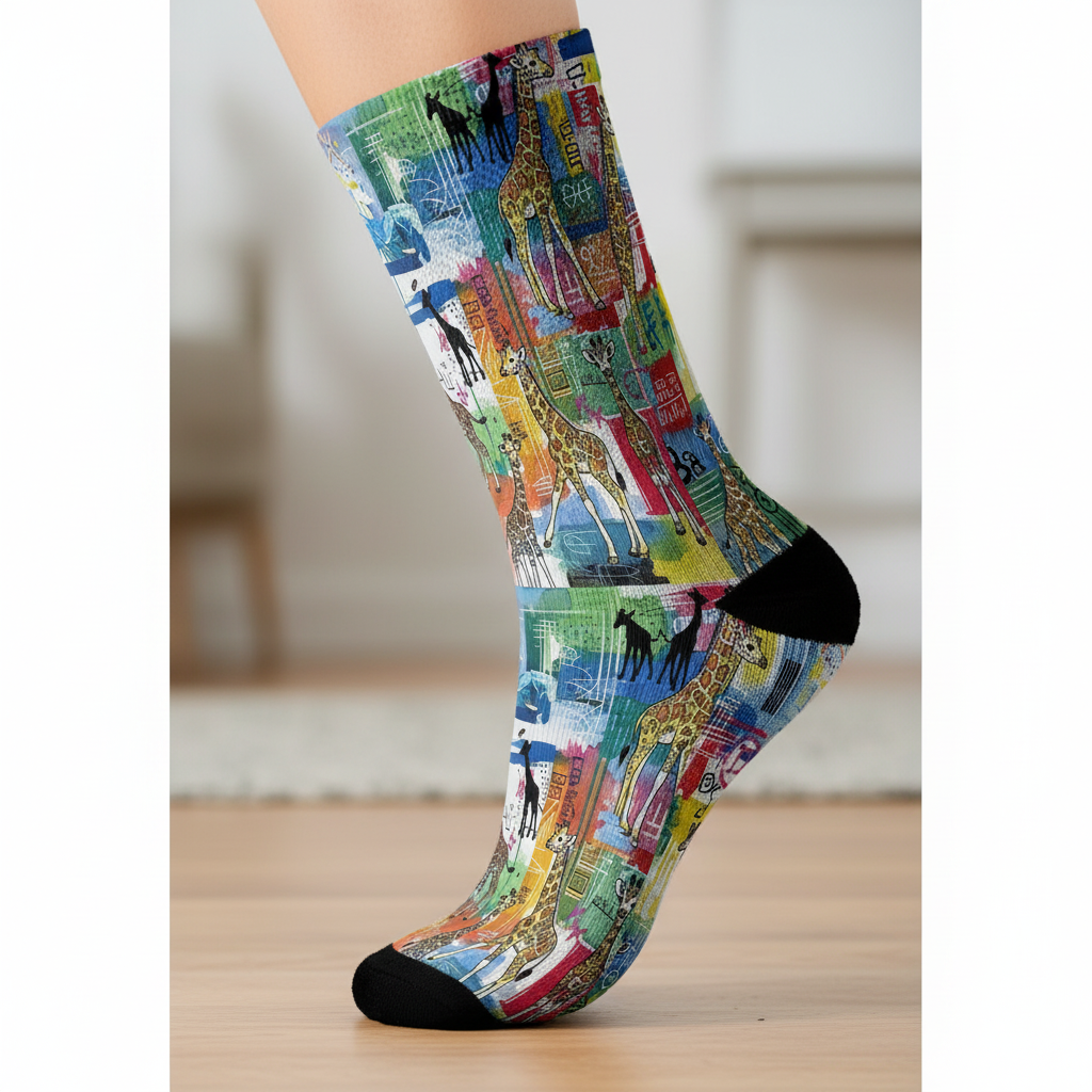 Colorful patterned sock on a person's foot with a blurred background - Fun baby giraffe socks gift for women by Zeblismapo
