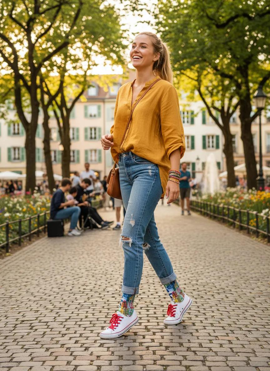 Woman in mustard yellow shirt and blue jeans walking on a cobblestone street with trees and people in the background. - Fun baby giraffe socks gift for women by Zeblismapo