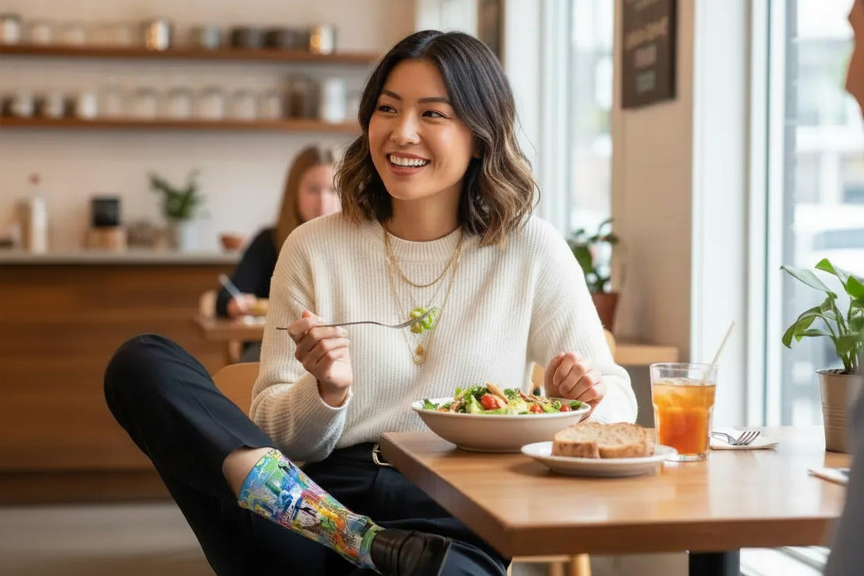 Woman enjoying a meal at a restaurant with a salad and a drink. - Fun baby giraffe socks gift for women by Zeblismapo