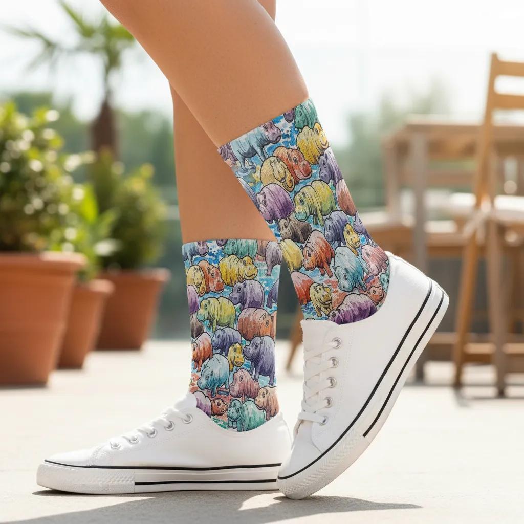 Colorful patterned socks worn with white sneakers on a blurred outdoor background - Fun baby hippo socks gift idea for women by Zeblismapo
