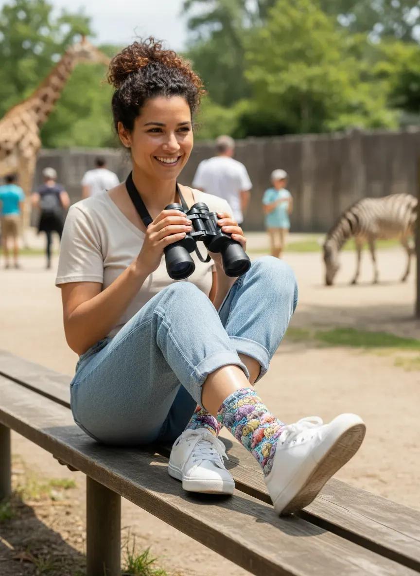 Woman sitting on a bench at a zoo, holding binoculars with giraffes and zebras in the background. - Fun baby hippo socks gift idea for women by Zeblismapo
