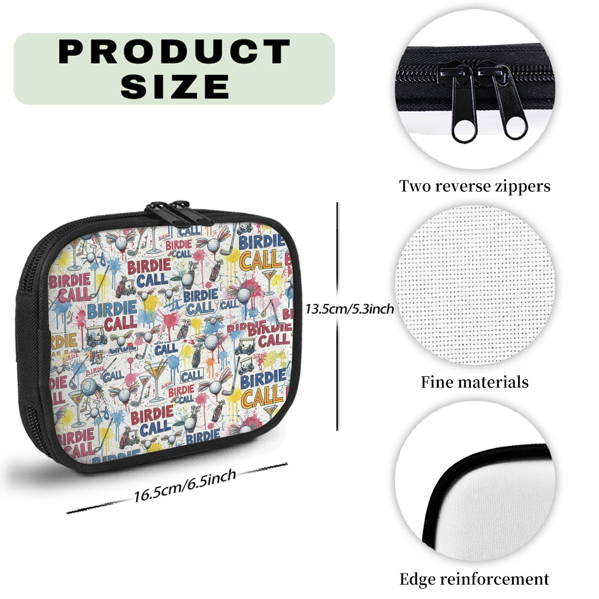 Product size and features of a small bag with colorful design and text.