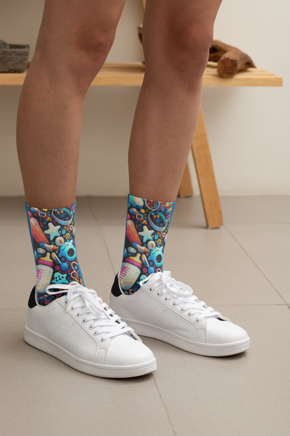 Person wearing colorful socks with a abstract design and white sneakers on a neutral background - Fun mom socks Mother's Day gift idea by Zeblismapo