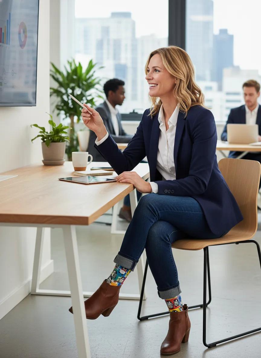 Woman sitting at a desk in an office with a cityscape view - Fun penguin socks gift idea for women by Zeblismapo