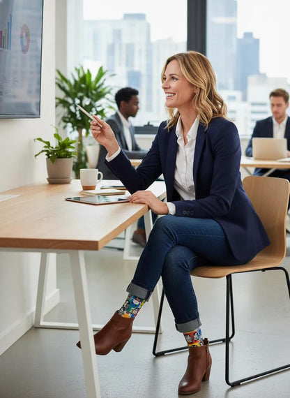 Woman sitting at a desk in an office with a cityscape view - Fun penguin socks gift idea for women by Zeblismapo