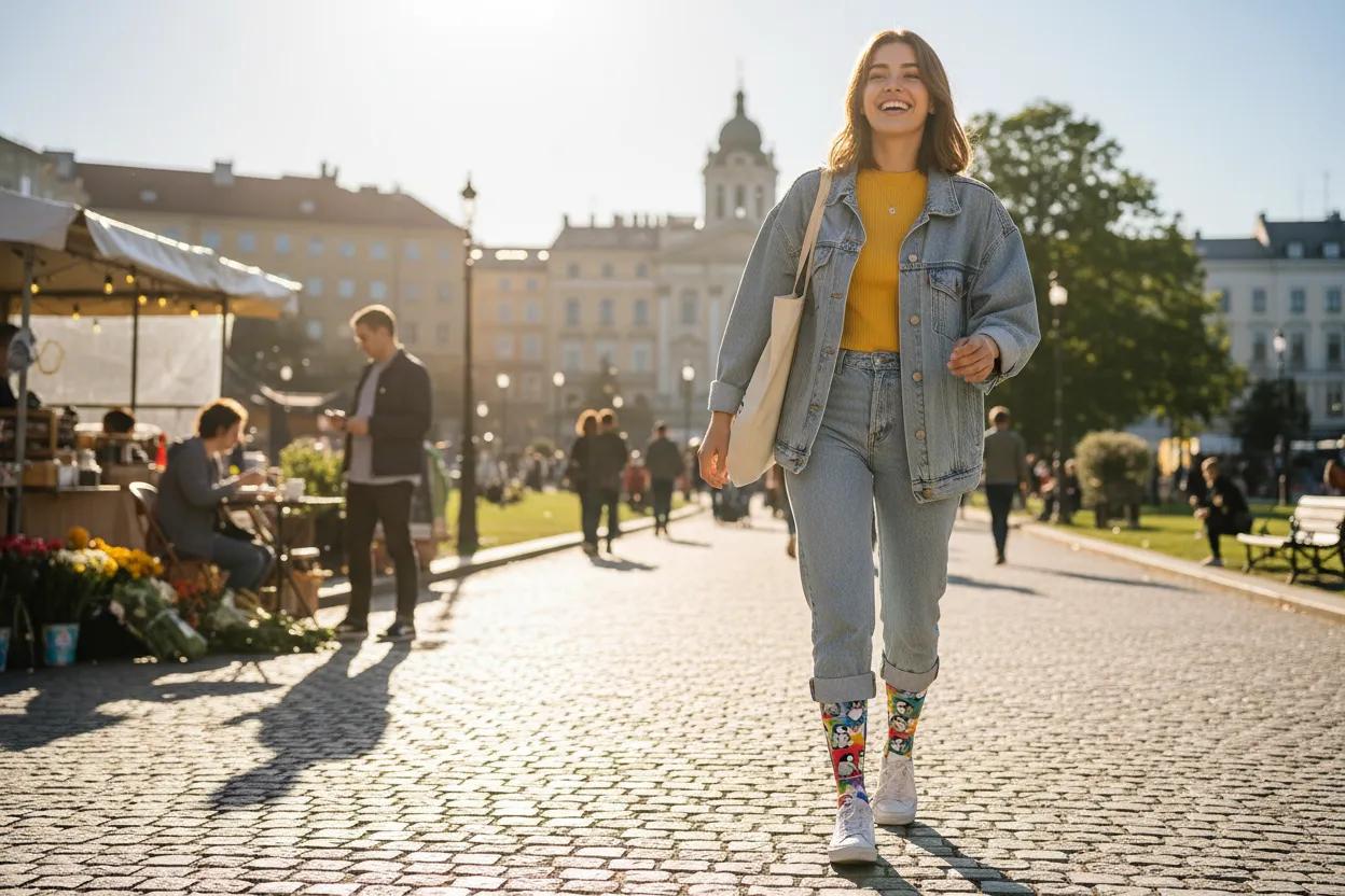 Fun penguin socks gift idea for women by Zeblismapo - walking around outdoor market