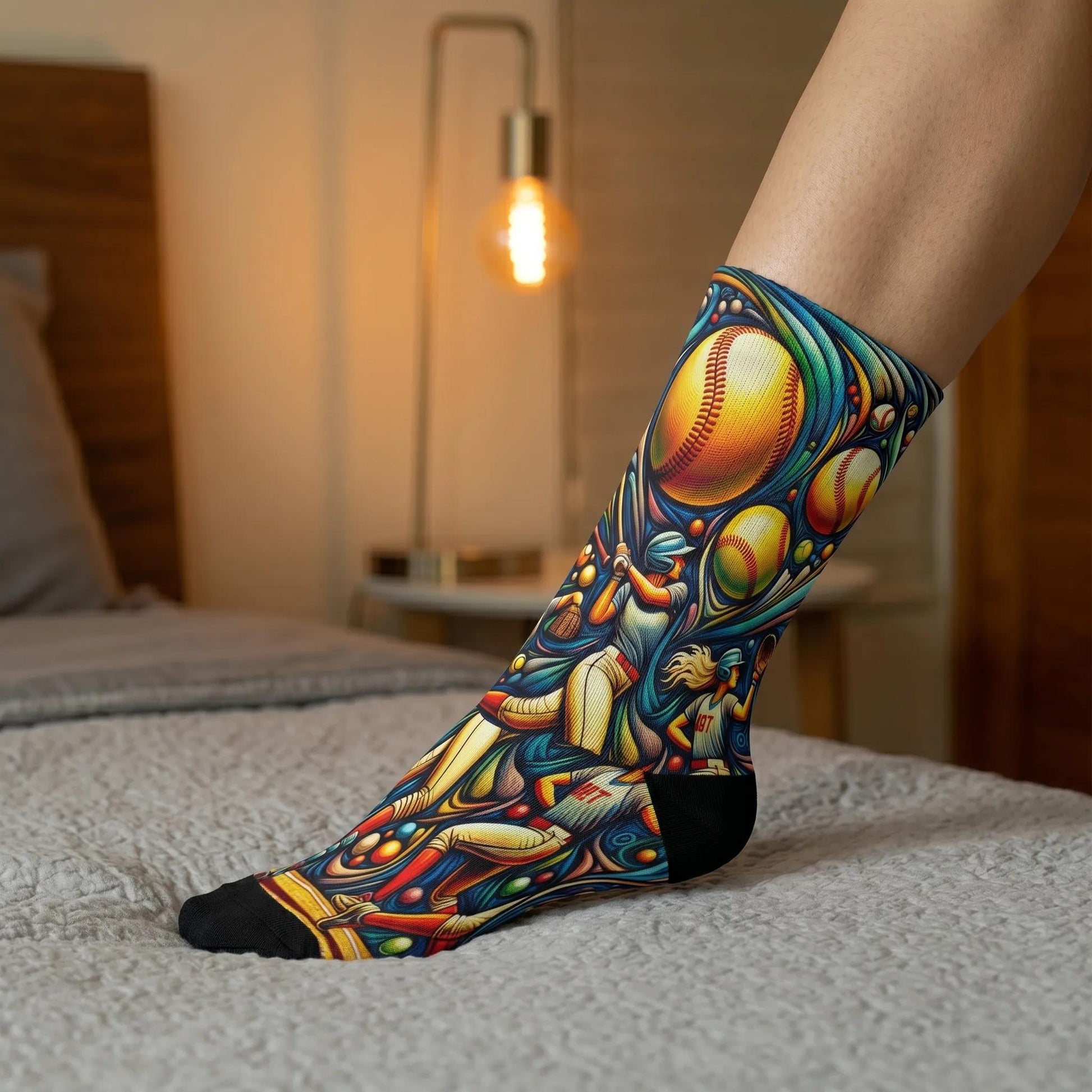 Colorful sock with intricate design worn on a bed - Fun softball socks gift for women athletes by Zeblismapo