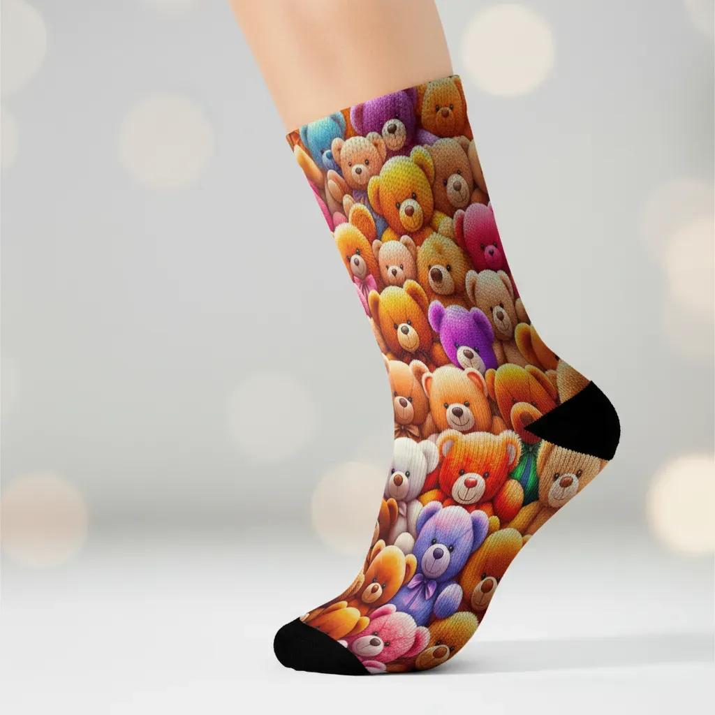 Colorful teddy bear patterned sock on a blurred background - Fun teddy bear socks gift idea for women by Zeblismapo