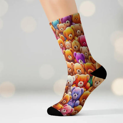 Colorful teddy bear patterned sock on a blurred background - Fun teddy bear socks gift idea for women by Zeblismapo
