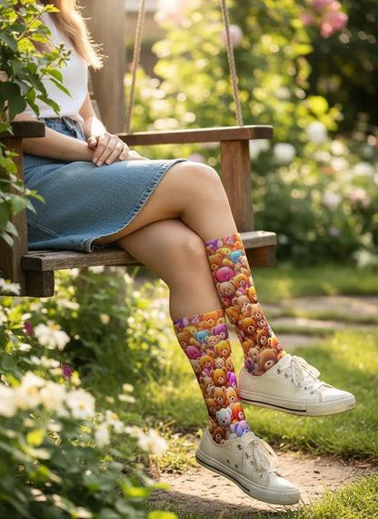 Fun teddy bear socks gift idea for women by Zeblismapo- fun outside on a swing
