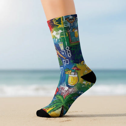 Colorful patterned sock on a beach with ocean in the background - Fun tropical vacation socks gift for women by Zeblismapo