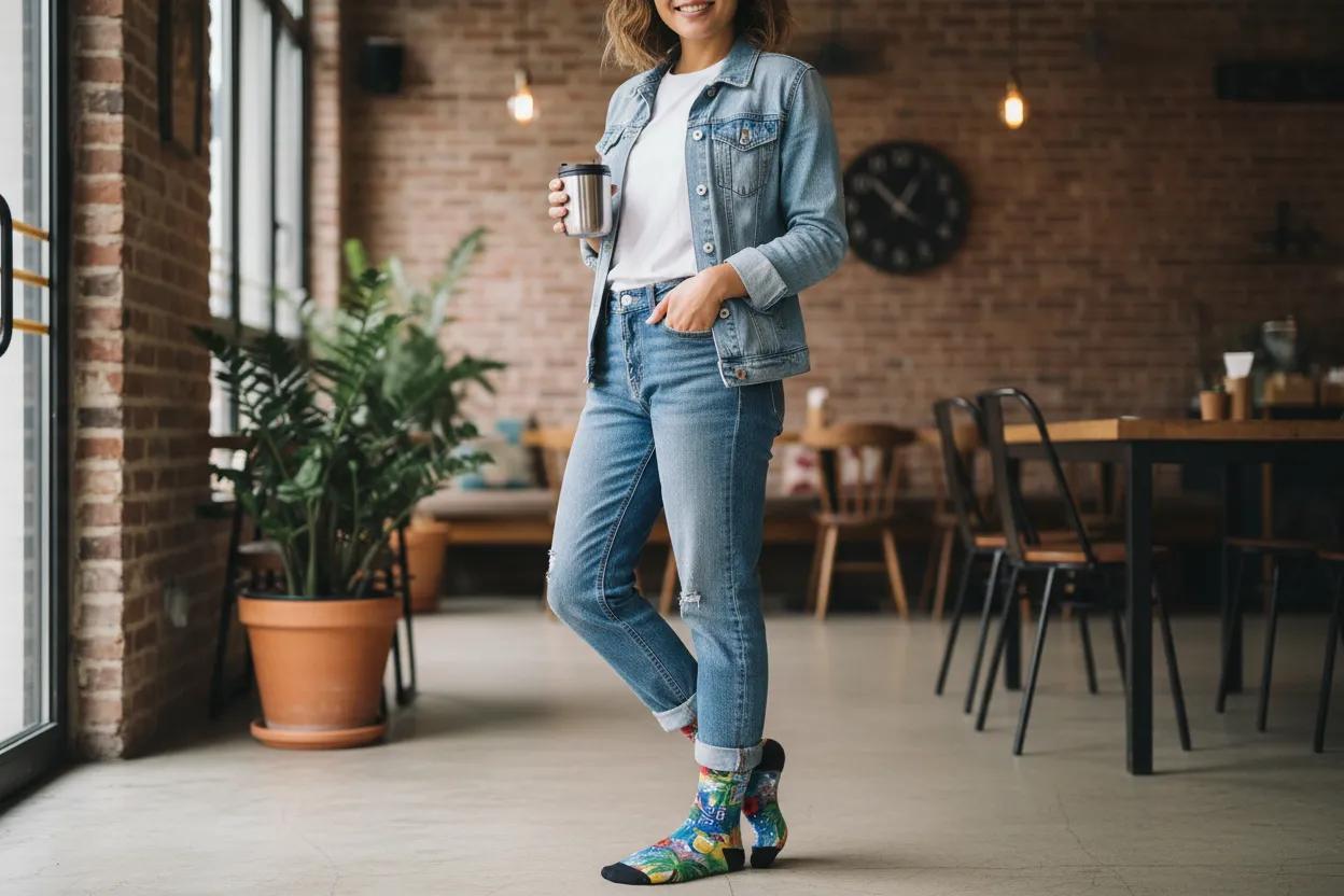 Woman in a casual outfit holding a coffee cup in a modern cafe. - Fun tropical vacation socks gift for women by Zeblismapo