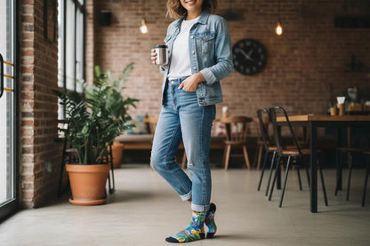 Woman in a casual outfit holding a coffee cup in a modern cafe. - Fun tropical vacation socks gift for women by Zeblismapo