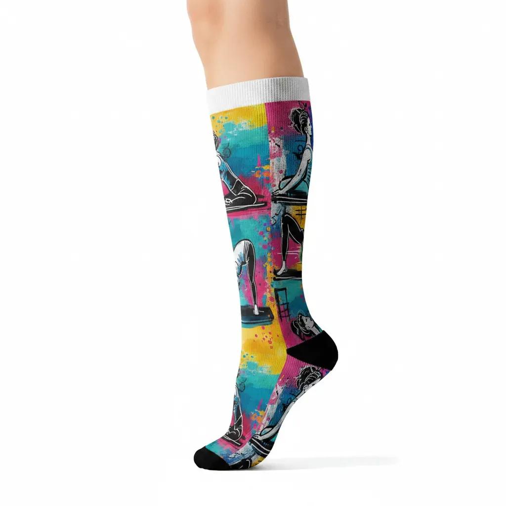 Colorful knee-high socks with abstract design on a white background - Fun yoga socks gift for yoga lovers by Zeblismapo