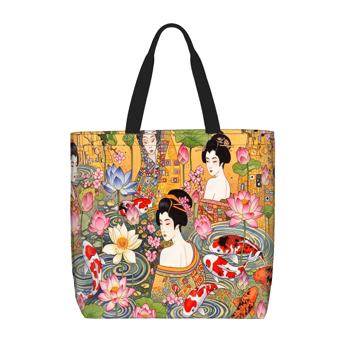 Golden Serenity Tote Bag with Zipper – Koi & Geisha Art by Zeblismapo