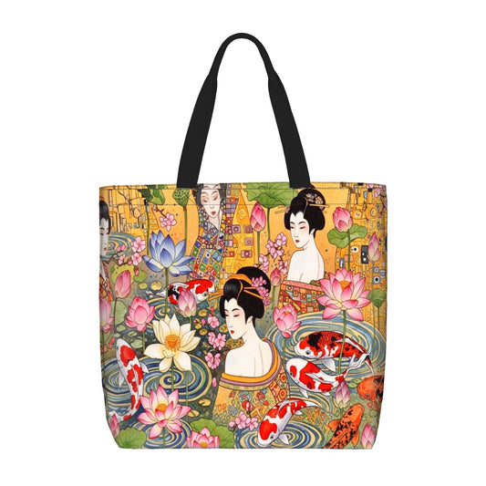 Golden Serenity Tote Bag with Zipper – Koi & Geisha Art by Zeblismapo