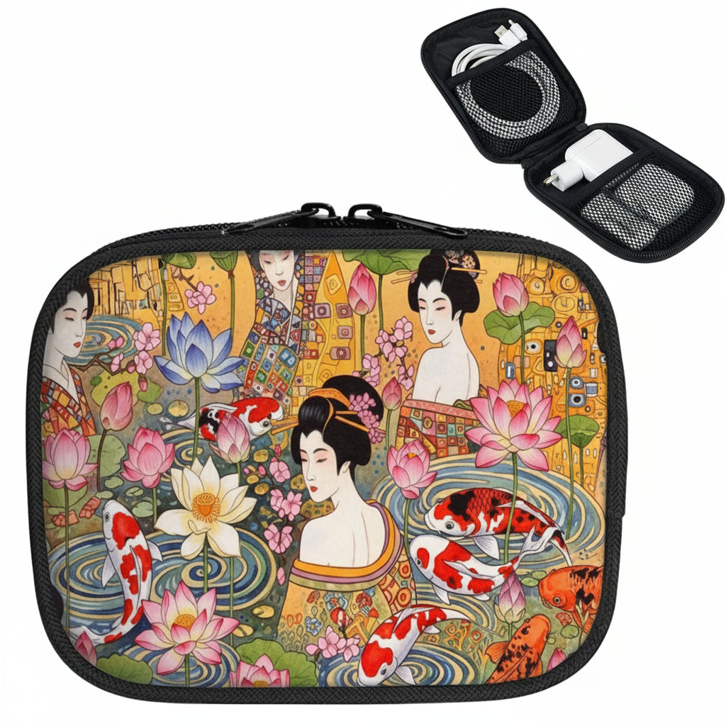 Case with Japanese-themed design featuring geisha, koi fish, and lotus flowers.