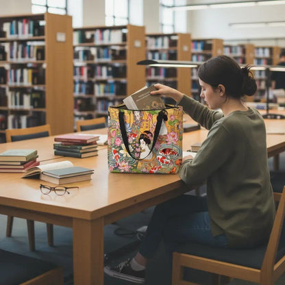 Woman at library with tote. - Golden Serenity Tote Bag with Zipper – Koi & Geisha Art by Zeblismapo