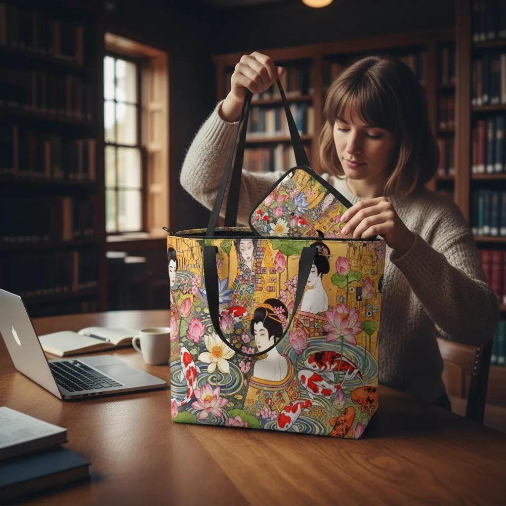 Golden Serenity Tote Bag with Zipper – Koi & Geisha Art