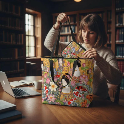 Golden Serenity Tote Bag with Zipper – Koi & Geisha Art