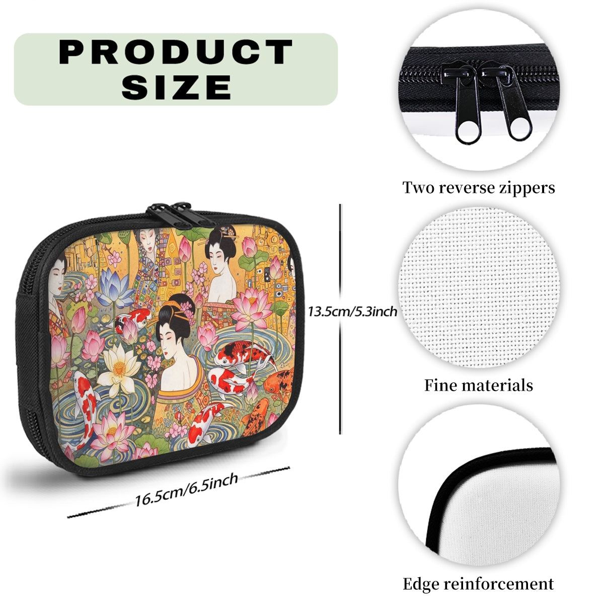 Product size information with a small pouch featuring Japanese-themed design.