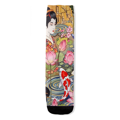 Golden Serenity koi fish lotus blossom women's socks by Zeblismapo