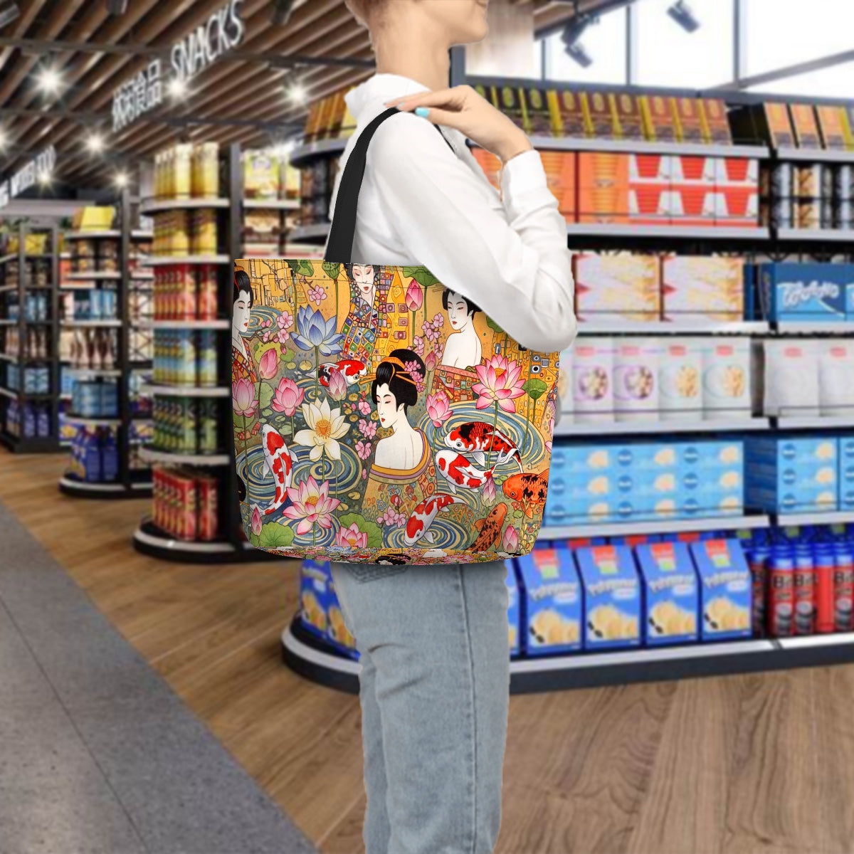 Golden Serenity tote bag with zipper koi geisha art by Zeblismapo