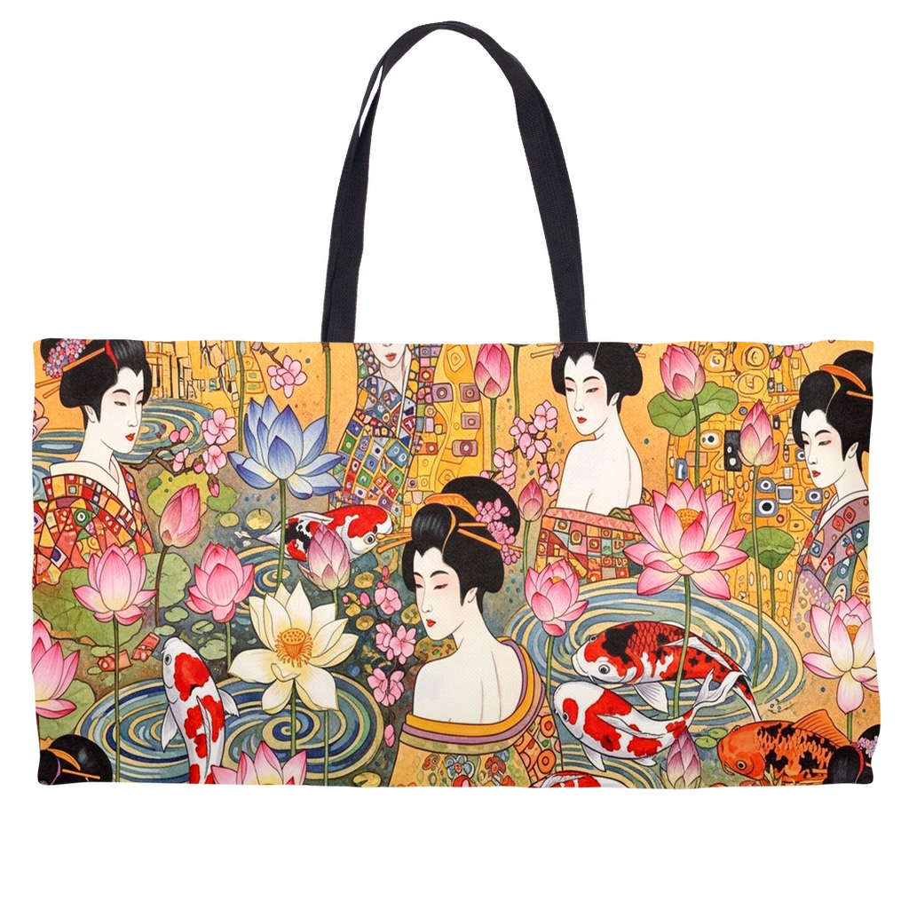 Golden Serenity weekender tote lifestyle photo by Zeblismapo