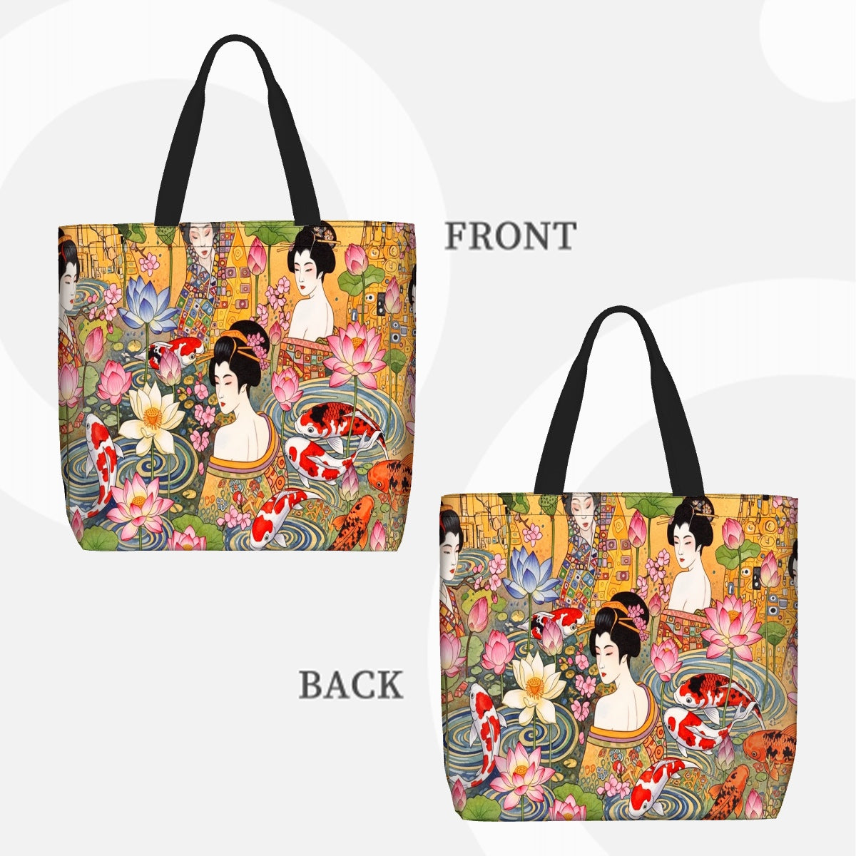Tote bag with artistic design of women, flowers, and koi fish on front and back. - Golden Serenity zip tote bag side view by Zeblismapo