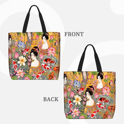 Tote bag with artistic design of women, flowers, and koi fish on front and back. - Golden Serenity zip tote bag side view by Zeblismapo