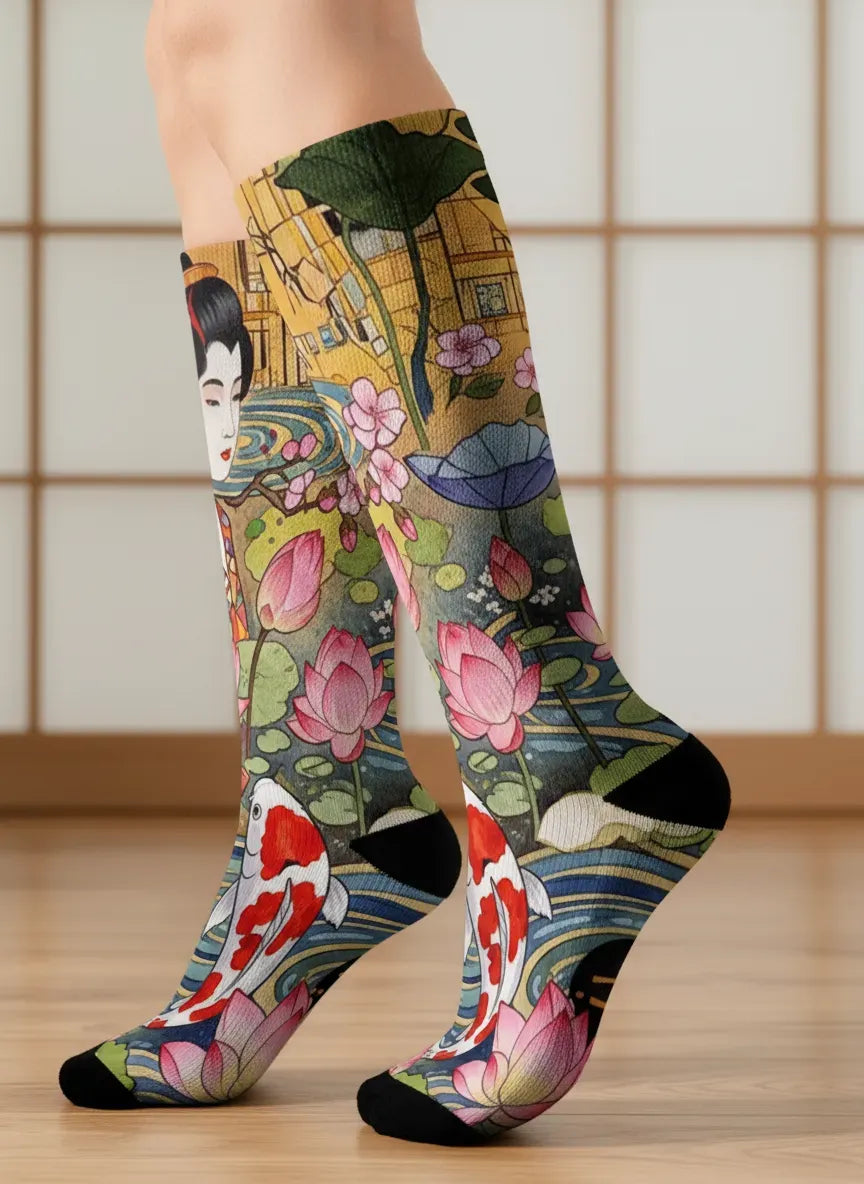Colorful socks with a geisha design worn by a person on a wooden floor. - Golden koi fish socks gift idea for women by Zeblismapo
