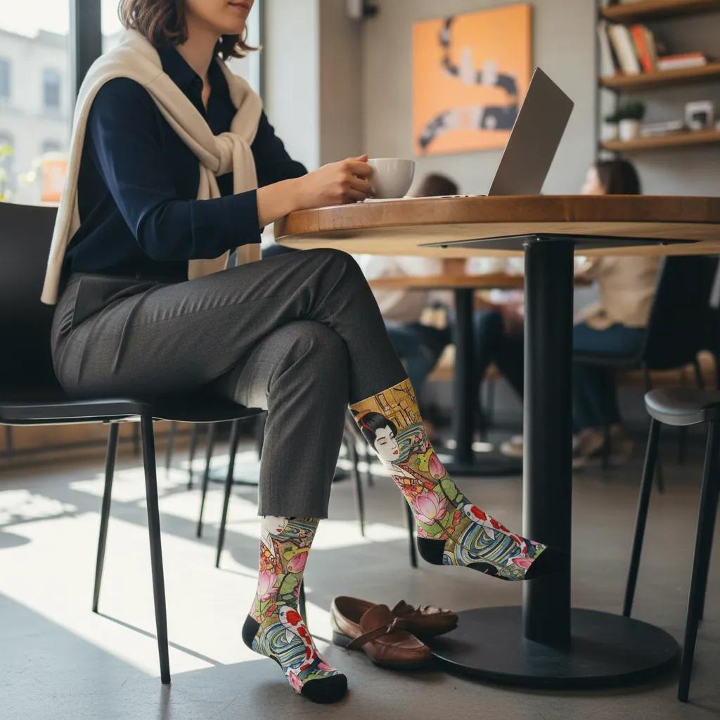 Person sitting at a table with a laptop and cup, wearing colorful socks with a design. - Golden koi fish socks gift idea for women by Zeblismapo