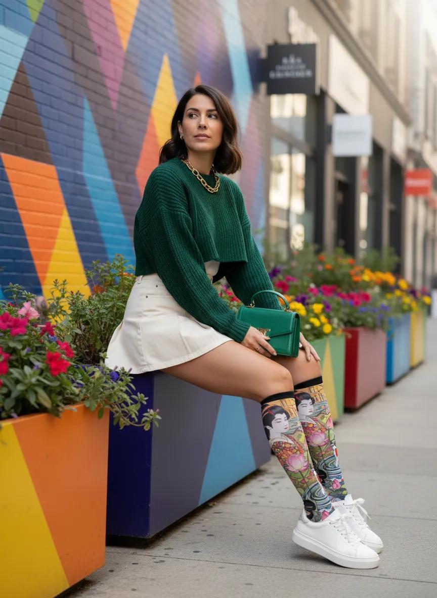 Woman sitting on a colorful bench with a vibrant mural in the background - Golden koi fish socks gift idea for women by Zeblismapo