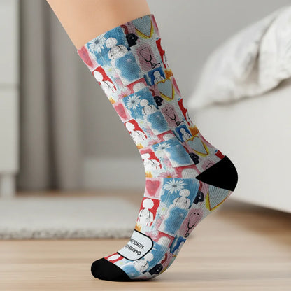 Colorful patterned sock worn by a person indoors. - Healthcare hero appreciation socks for nurses by Zeblismapo