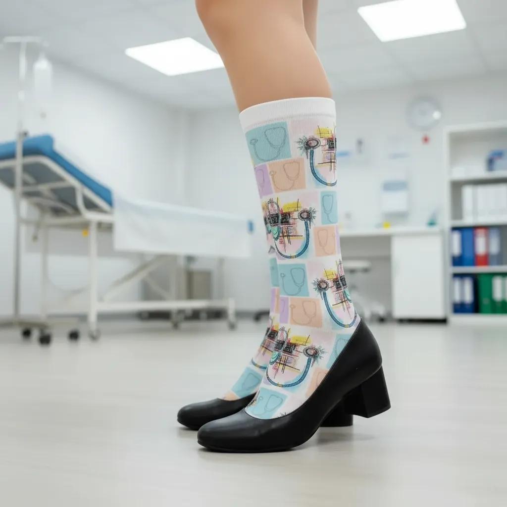 Person wearing colorful patterned socks with black shoes in a hospital setting - Healthcare hero socks gift for nurses and doctors by Zeblismapo
