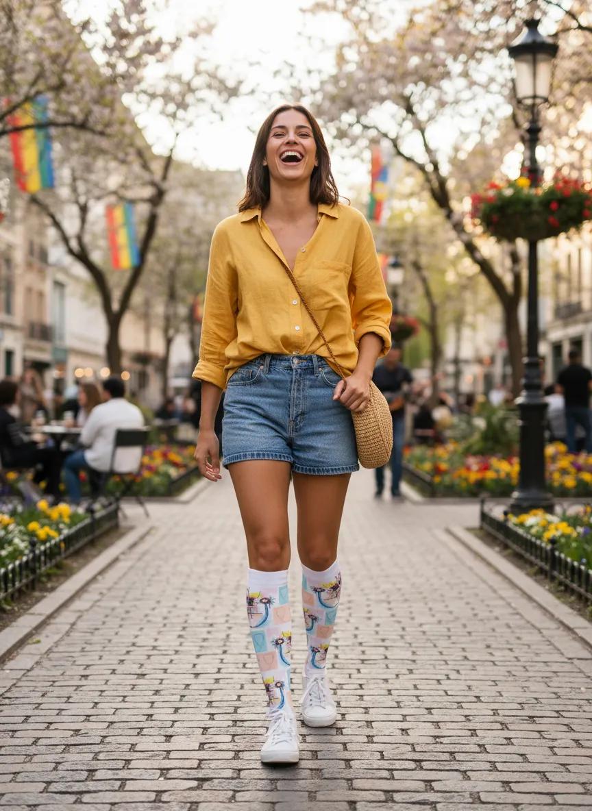 Woman in yellow shirt and denim shorts walking in a park with cherry blossom trees and colorful flags. - Healthcare hero socks gift for nurses and doctors by Zeblismapo