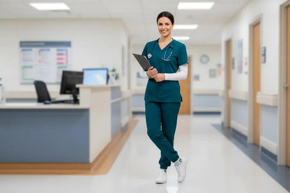 Nurse in teal scrubs holding a clipboard in a hospital hallway - Healthcare hero socks gift for nurses and doctors by Zeblismapo
