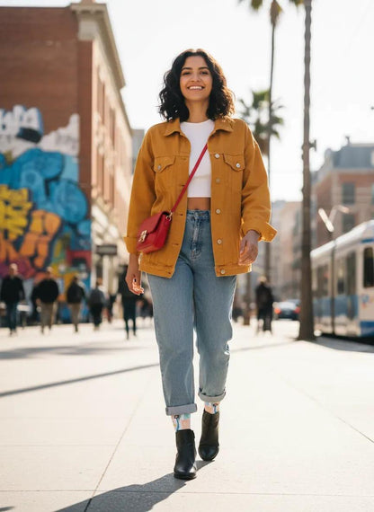 Woman in a mustard yellow jacket and blue jeans walking on a city street with graffiti and palm trees. - Healthcare hero socks gift for nurses and doctors by Zeblismapo