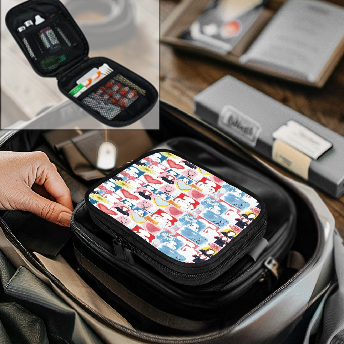 Small rectangular pouch with colorful pattern inside a bag, with a hand opening it.