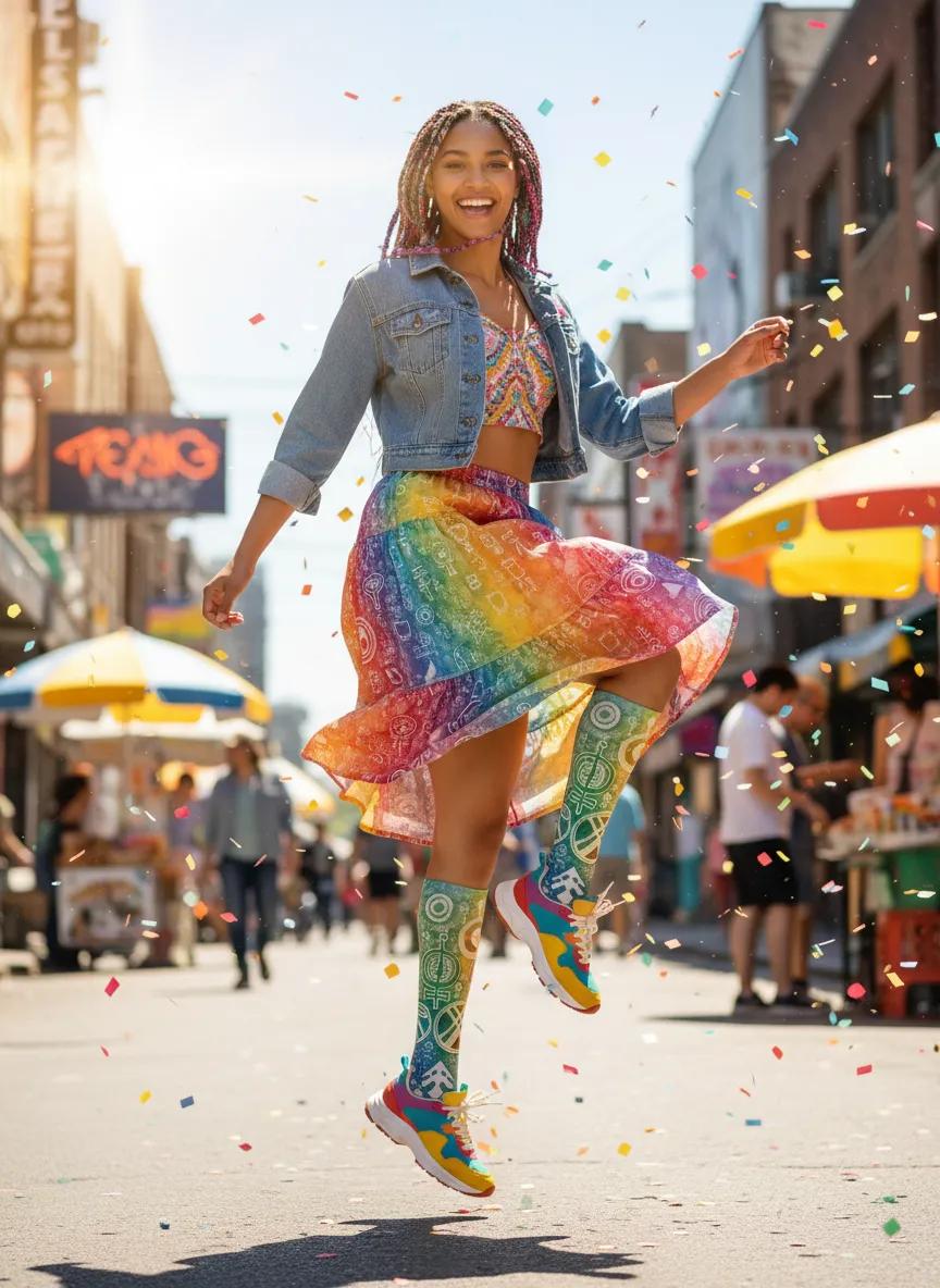 Woman in colorful outfit dancing on a city street with confetti