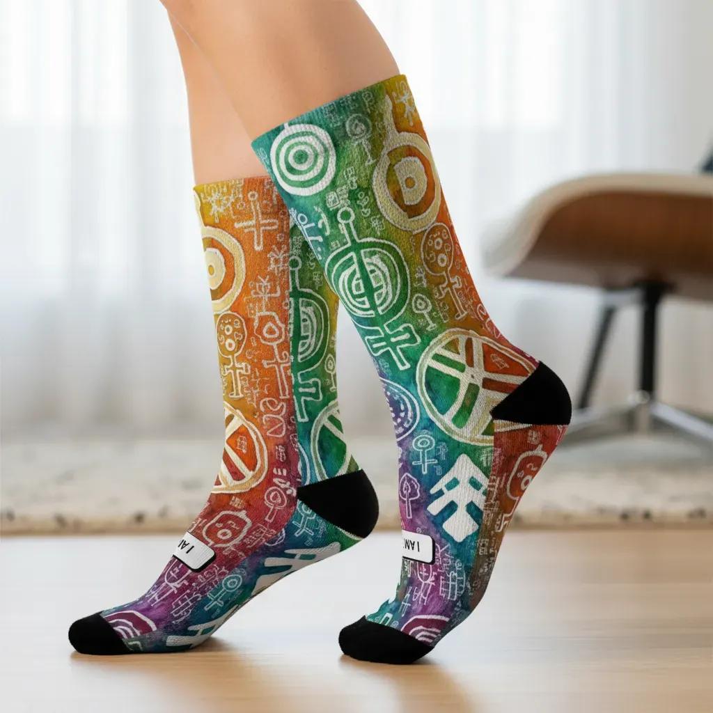 Colorful patterned socks worn by a person indoors. - Inspirational bravery novelty socks for women by Zeblismapo