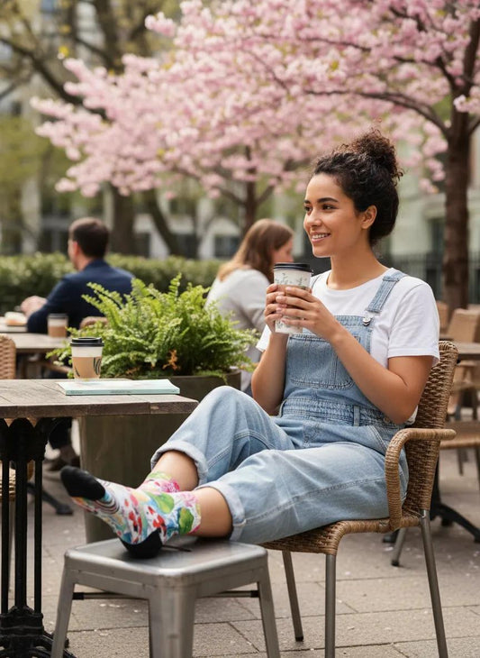 Woman sitting outdoors with cherry blossoms in the background - Koi_Serenity_Vibrant_Koi_Pond_Socks_-_chill_with_coffee_in_the_park