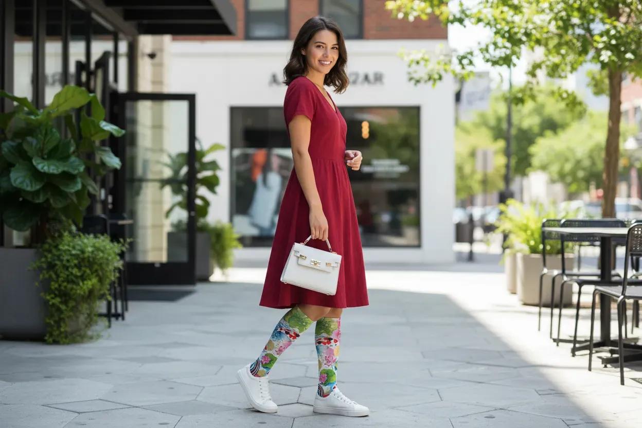 Woman in a red dress and patterned leggings walking outdoors. - Koi Serenity – Vibrant Koi Pond Socks