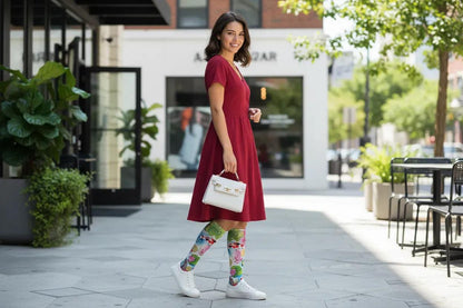 Woman in a red dress and patterned leggings walking outdoors. - Koi Serenity – Vibrant Koi Pond Socks