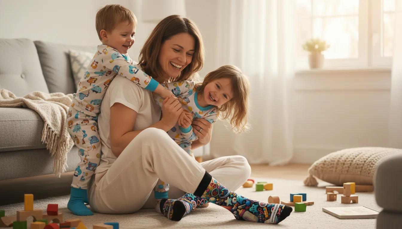 Woman playing with two children on a carpeted floor with toys around - Momma Magic beautiful momma colorful baby joy women's socks by Zeblismapo