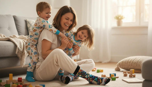 Woman playing with two children on a carpeted floor with toys around - Momma Magic beautiful momma colorful baby joy women's socks by Zeblismapo