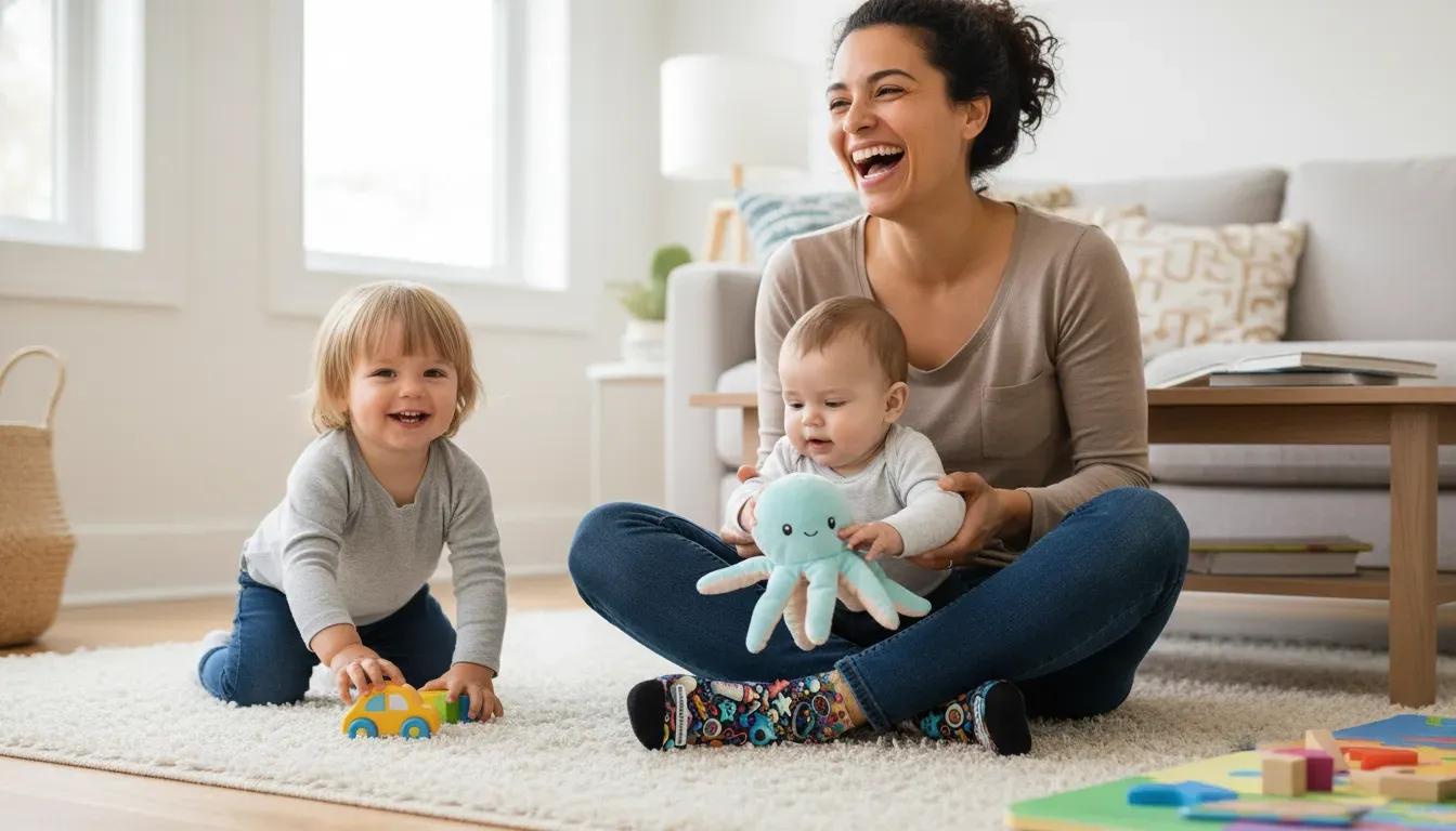 Woman sitting on the floor with two children playing in a living room. - Momma Magic beautiful momma colorful baby joy women's socks by Zeblismapo